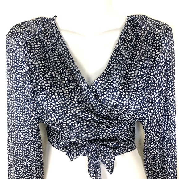 VICI Sheer Navy Polka Dot Metallic Thread Wrap Long Sleeve Blouse size Medium - Picture 4 of 12